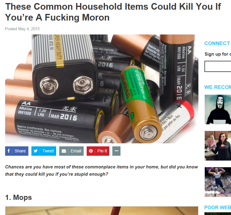 These Common Household Items Could Kill You If You're A Fucking Moron Posted Connect Per Heavy Duty MX1500 Sign up for 2016 Lr 30 We Recon Aa Alkaline 1,5V Mn 1500LRS Eze mental pastrofeu f Tweet Email Pin it Chances are you have most of these commonplace