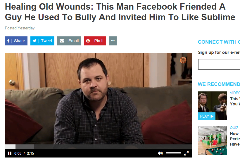 conversation - Healing Old Wounds This Man Facebook Friended A Guy He Used To Bully And Invited Him To Sublime Posted Yesterday f f y Tweet Tweet Email Emai o Pin Pin It Connect With Sign up for our ene We Recommend Video This You Play Quiz How Perks Have