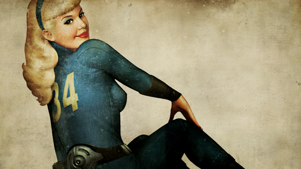 Some secrets extend to even the wallpapers put out by Bethesda to market New Vegas – notably one of a young lady looking coquettish in a Vault 34 jumpsuit. “It’s actually the leader of the Boomers faction, Pearl, as a young woman,” says Lead designer J.E. Sawyer. “Which is why her name appears next to the picture on the side of the Boomers’ B-29 in the background of their end slide.”