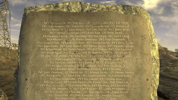 The names on New Vegas’ Boulder City memorial are not, as is widely thought, those of developers. They’re fictional, but have links to past Fallout games. Roger Westin III is, for example, the grandson of an NCR character in Fallout 2.