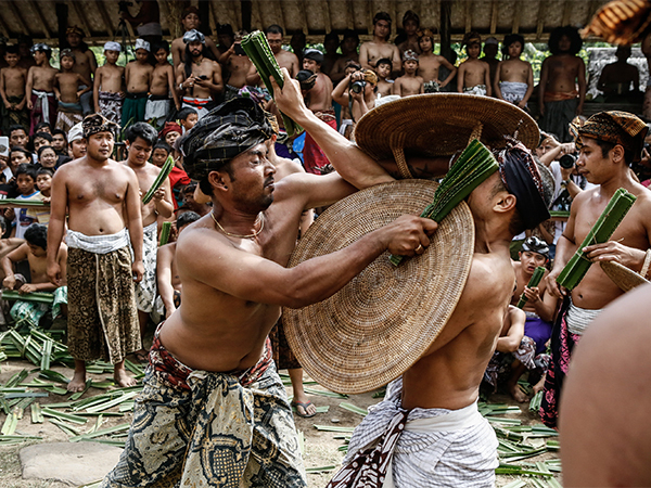The unmarried men of the Balinese village of Tenganan take part in a coming-of-age ritual every May to attract the ladies. They fight inside an area, armed with the thorny leaves of the pandanus plant, using only a bamboo shield to protect them. Although it can get violent, the girls are usually eager to watch the action.