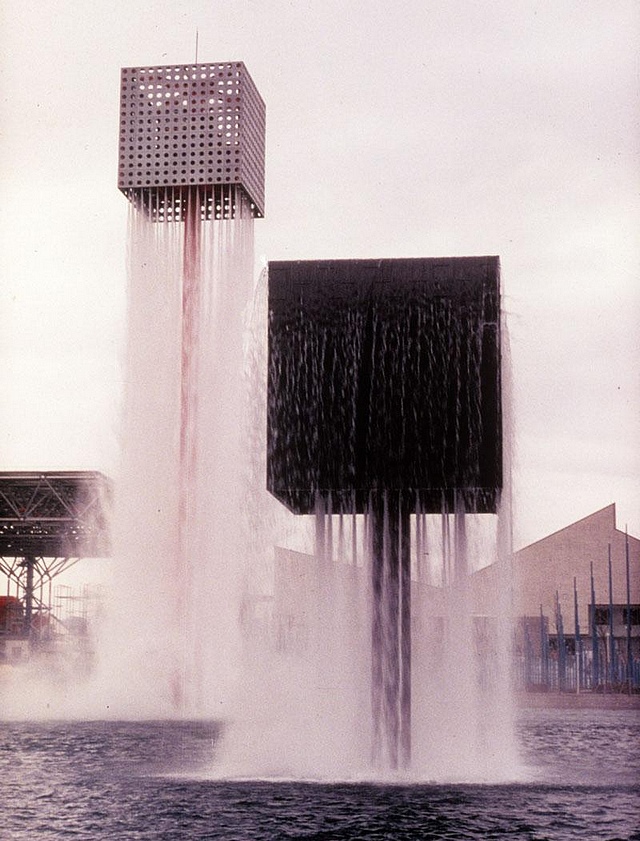 Floating Fountains in Japan. Made over 45 years ago by Isamu Noguchi look like they were fragments of buildings flying away. There are 9 pieces in Floating Fountains.