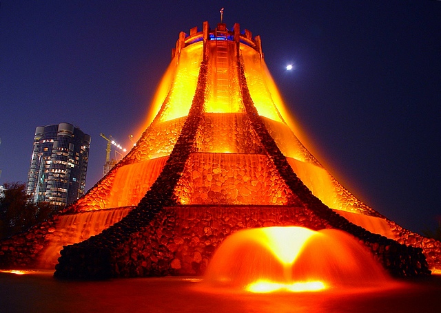 This fountain in Abu Dhabi called Volcano Fountain looks like a volcano in the night and a nuclear reactor during the day. I meant "looked" because they decided to scrap it, claiming they can make a better fountain.