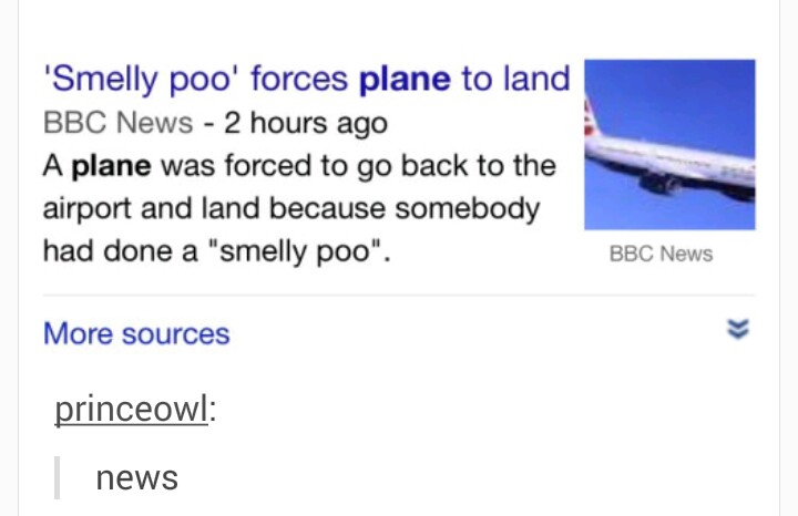 tumblr - air travel - Smelly poo' forces plane to land Bbc News 2 hours ago A plane was forced to go back to the airport and land because somebody had done a "smelly poo". Bbc News More sources princeowl news
