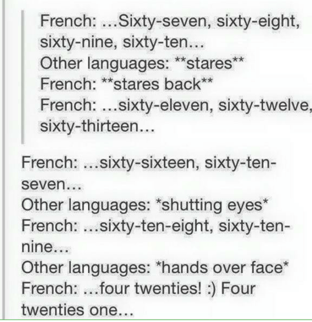 tumblr - bilingual french puns - French ... Sixtyseven, sixtyeight, sixtynine, sixtyten... Other languages stares French stares back French ...sixtyeleven, sixtytwelve, sixtythirteen... French ... sixtysixteen, sixtyten seven. Other languages shutting eye
