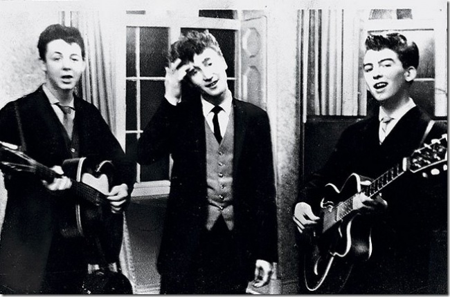 Paul McCartney, John Lennon and George Harrison at a wedding reception, 1958.