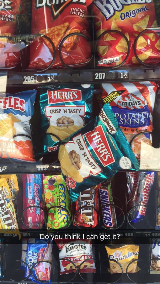Pulled over at a rest stop during a road trip and saw this fella in the vending machine. I didn't really want it, but I was up for the challenge anyways. I saw a bag of fritos for $1.50 a couple of rows above the dangling bag and thought that it may knock it loose on the way down.