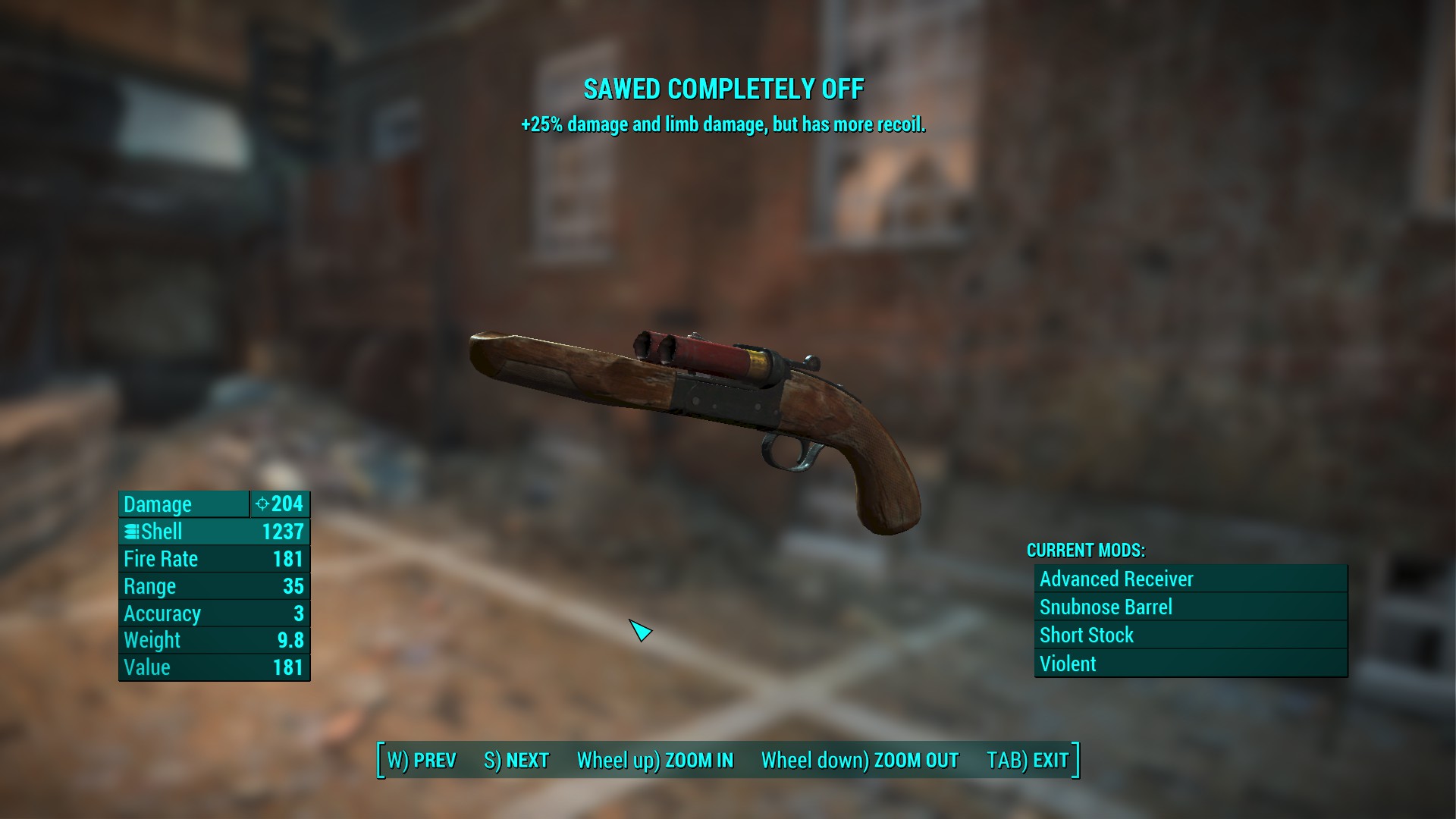 sawed completely off fallout 4 - Sawed Completely Off 25% damage and limb damage, but has more recoil. Damage Shell Fire Rate Range Accuracy Weight Value 0204 1237 181 35 3 Current Mods Advanced Receiver Snubnose Barrel Short Stock Violent 9.8 181 W Prev 