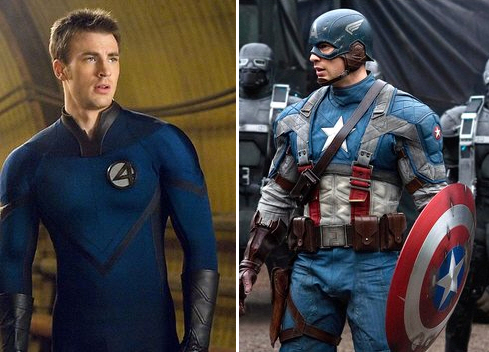 Chris Evans- Human Torch (Fantastic 4, 2005), Captain America (Captain America: The First Avenger, 2011).