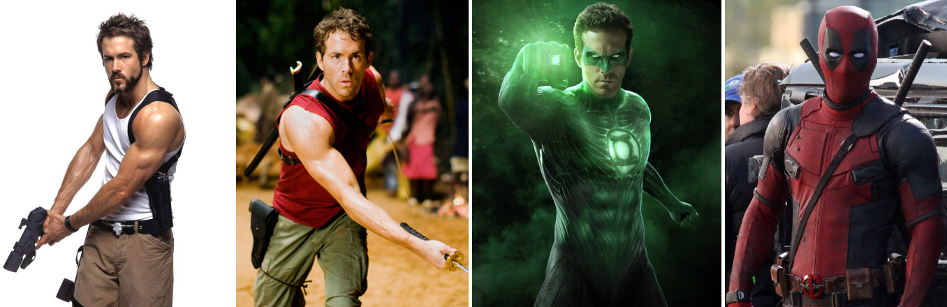 Ryan Reynolds- Hannibal King (Blade: Trinity, 2004), Deadpool (X-Men Origins: Wolverine, 2009), Green Lantern (Green Lantern, 2011), Deadpool (Deadpool, 2016).