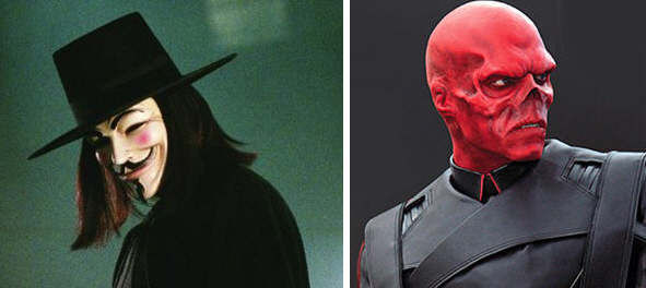 Hugo Weaving- V (V for Vendetta, 2005), Red Skull (Captain America: The First Avenger, 2011).