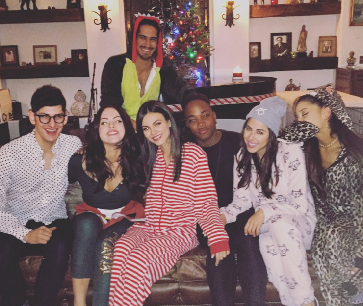 Victorious Reunion. The entire Victorious squad is reunited, including Ariana Grande, and they’re all wearing onesies.