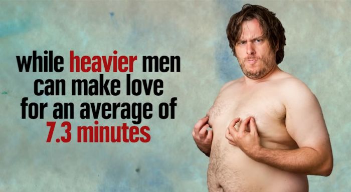 barechestedness - while heavier men can make love for an average of 7.3 minutes