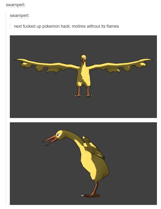 moltres rubber chicken - swarnpert swarnpert next fucked up pokemon hack moltes without its flames
