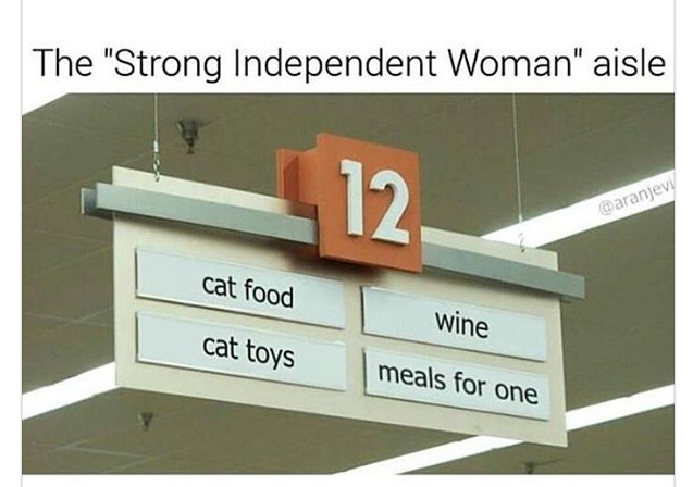 tweet - strong independent woman aisle - The 'Strong Independent Woman" aisle 12 cat food wine cat toys meals for one