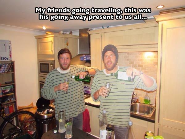 funny guys drinking - My friends going traveling this was his going away present to us all... isod