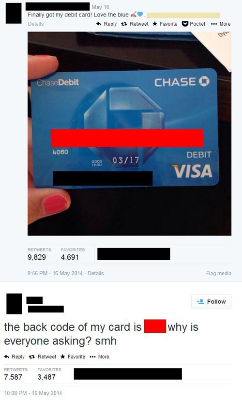debit card twitter fail - May 16 Finally got my debit card! Love the blue Details t7 Retweet Favorite Pocket ... More Chase Debit Chase O 4060 Debit gooo 0317 Visa 9,829 Favorites 4.691 Details Flag media why is the back code of my card is everyone asking