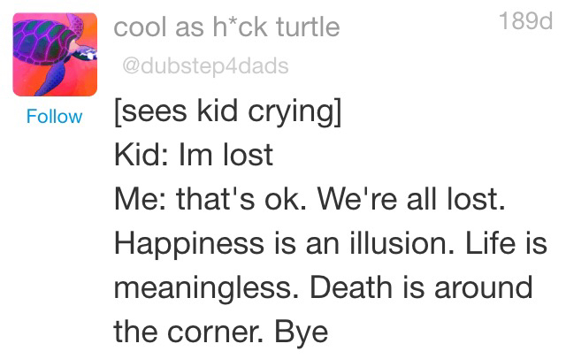 quotes - cool as hck turtle 1890 sees kid crying Kid Im lost Me that's ok. We're all lost. Happiness is an illusion. Life is meaningless. Death is around the corner. Bye