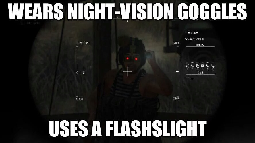 darkness - Wears NightVision Goggles Analyzer Elevation Zoom Soviet Soldier Ability 1 X E C E C F E Skill L1 4 Mic X16.8 Uses A Flashslight