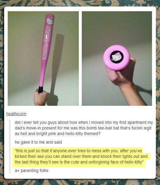 hello kitty bat meme - Xenyat heathicorn did I ever tell you guys about how when I moved into my first apartment my dad's movein present for me was this bomb teeball bat that's fuckin legit as hell and bright pink and hello kitty themed? he gave it to me 