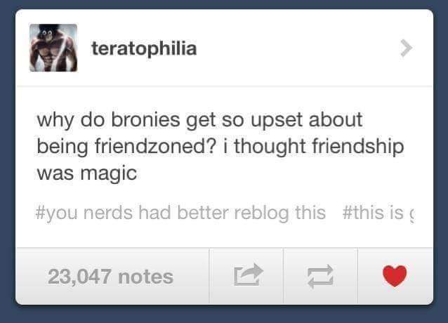 brony friendzone - teratophilia why do bronies get so upset about being friendzoned? i thought friendship was magic nerds had better reblog this is 23,047 notes