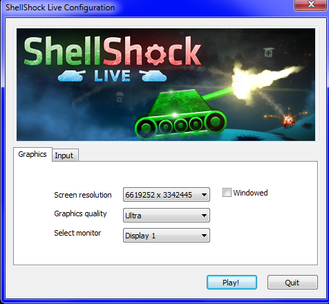 shellshock live - ShellShock Live Configuration ShellShock Live U 00000 Graphics Input Screen resolution 6619252 x 3342445 > Windowed Graphics quality Ultra Select monitor Display 1 Play! Quit