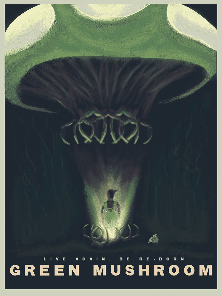 poster - Live Again. Be Re Born Green Mushroom