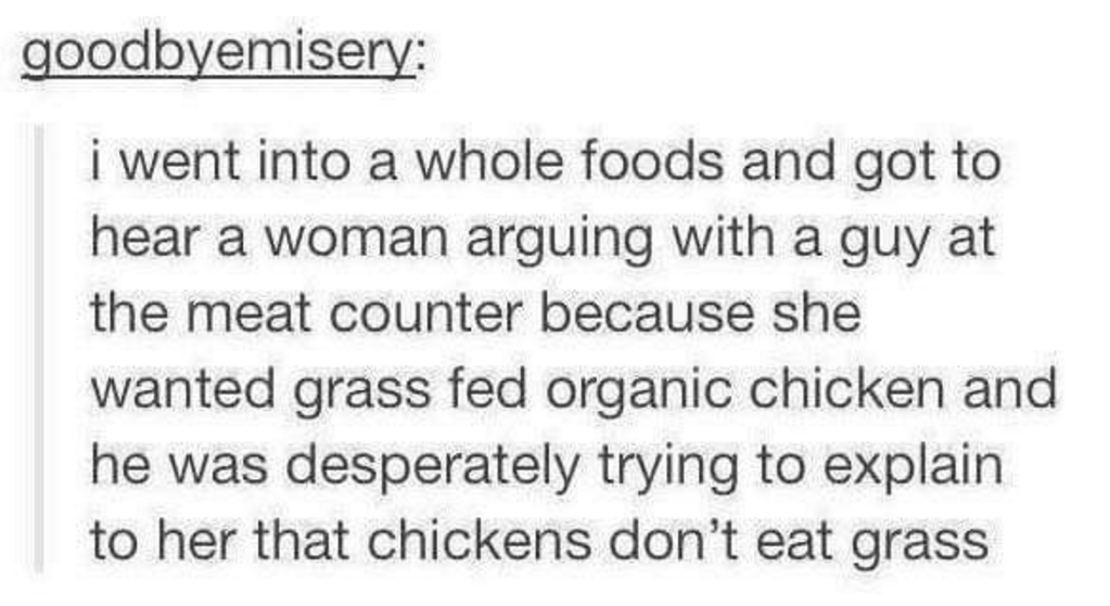 quotes - goodbyemisery i went into a whole foods and got to hear a woman arguing with a guy at the meat counter because she wanted grass fed organic chicken and he was desperately trying to explain to her that chickens don't eat grass