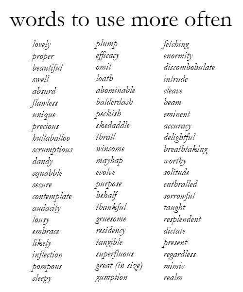 words to use in an essay - words to use more often lovely proper beautiful swell absurd flawless unique precious bullaballoo scrumptious dandy squabble secure contemplate audacity lousy embrace ly inflection pompons sleepy plump efficacy omit loath abomin