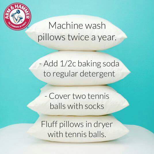 arm & hammer - Machine wash pillows twice a year. Add 12c baking soda to regular detergent Cover two tennis balls with socks Fluff pillows in dryer with tennis balls.