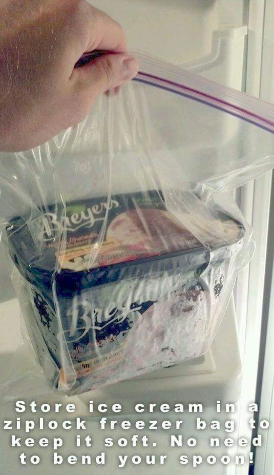Kerjers Store ice cream in a ziplock freezer bag to keep it soft. No need to bend your spoon!