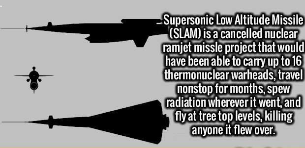 airplane - Supersonic Low Altitude Missile Slam is a cancelled nuclear ramjet missle project that would have been able to carry up to 16 thermonuclear warheads, travel nonstop for months, spew radiation wherever it went, and fly at tree top levels, killin