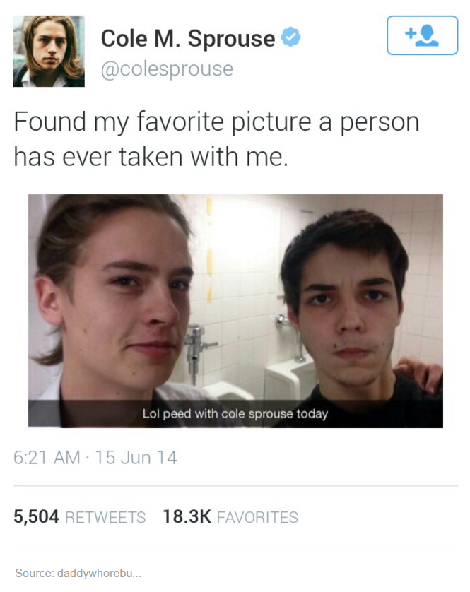 tumblr - cole and dylan sprouse funny - Cole M. Sprouse Found my favorite picture a person has ever taken with me. Lol peed with cole sprouse today 15 Jun 14 5,504 Favorites Source daddywhorebu...