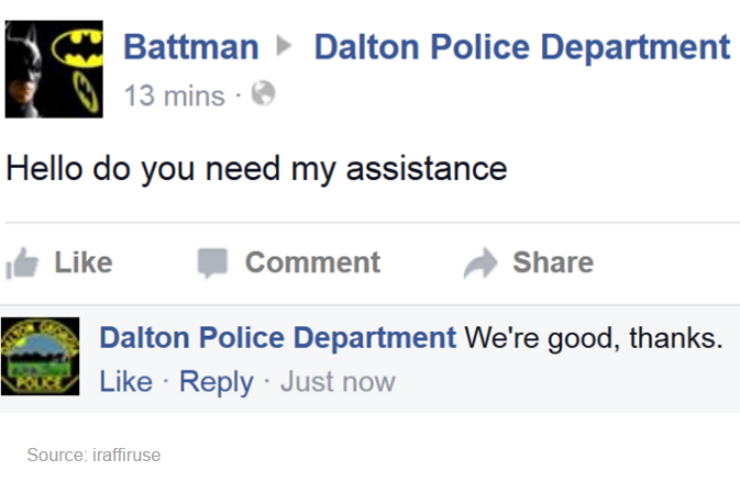 tumblr - department of veterans affairs - Dalton Police Department Battman 13 mins Hello do you need my assistance Comment Dalton Police Department We're good, thanks. Just now Source iraffiruse