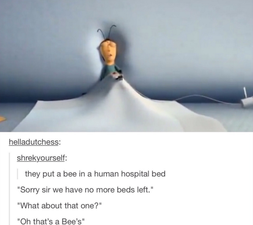 tumblr - bee movie memes - helladutchess shrekyourself | they put a bee in a human hospital bed "Sorry sir we have no more beds left." "What about that one?" "Oh that's a Bee's"