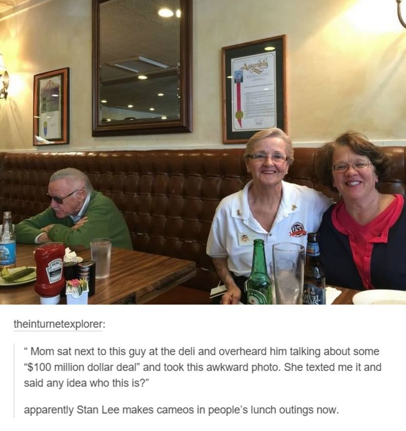 tumblr - stan lee cameo meme - theinturnetexplorer "Mom sat next to this guy at the deli and overheard him talking about some "$ 100 million dollar deal" and took this awkward photo. She texted me it and said any idea who this is?" apparently Stan Lee mak
