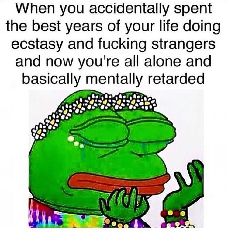 pepe rave meme - When you accidentally spent the best years of your life doing ecstasy and fucking strangers and now you're all alone and basically mentally retarded