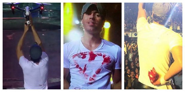 Enrique Iglesias was supposed to catch a drone flying above stage, he did it before. But this time he cut his hand, badly. Enrique did not puss out and he continued for 30 minutes with a bloody hand.