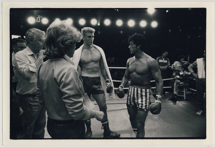 Sylvester Stallone and Dolph Lundgren on the set of Rocky 4.