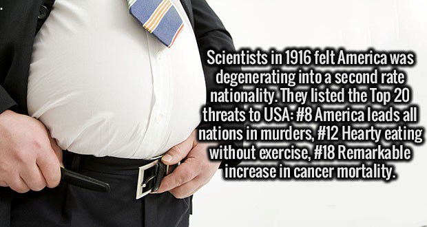 shoulder - Scientists in 1916 felt America was degenerating into a second rate nationality. They listed the Top 20 threats to Usa America leads all nations in murders, Hearty eating without exercise, Remarkable increase in cancer mortality.
