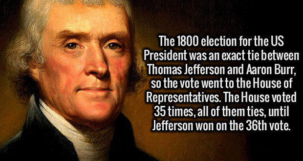 thomas jefferson - The 1800 election for the Us President was an exact tie between Thomas Jefferson and Aaron Burr, so the vote went to the House of Representatives. The House voted 35 times, all of them ties, until Jefferson won on the 36th vote.