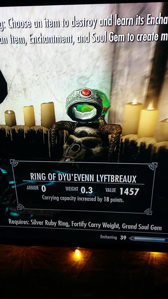 funny skyrim enchantments - 3. Choose on item to desiroy and learn its Encha un tiem, Enchunimeni und Soul Gem to create m Ring Of Dyu'Evenn Lyftbreaux Armor Weight 0.3 Value 1457 Carrying capacity increased by 18 points. Requires Silver Ruby Ring, Fortif