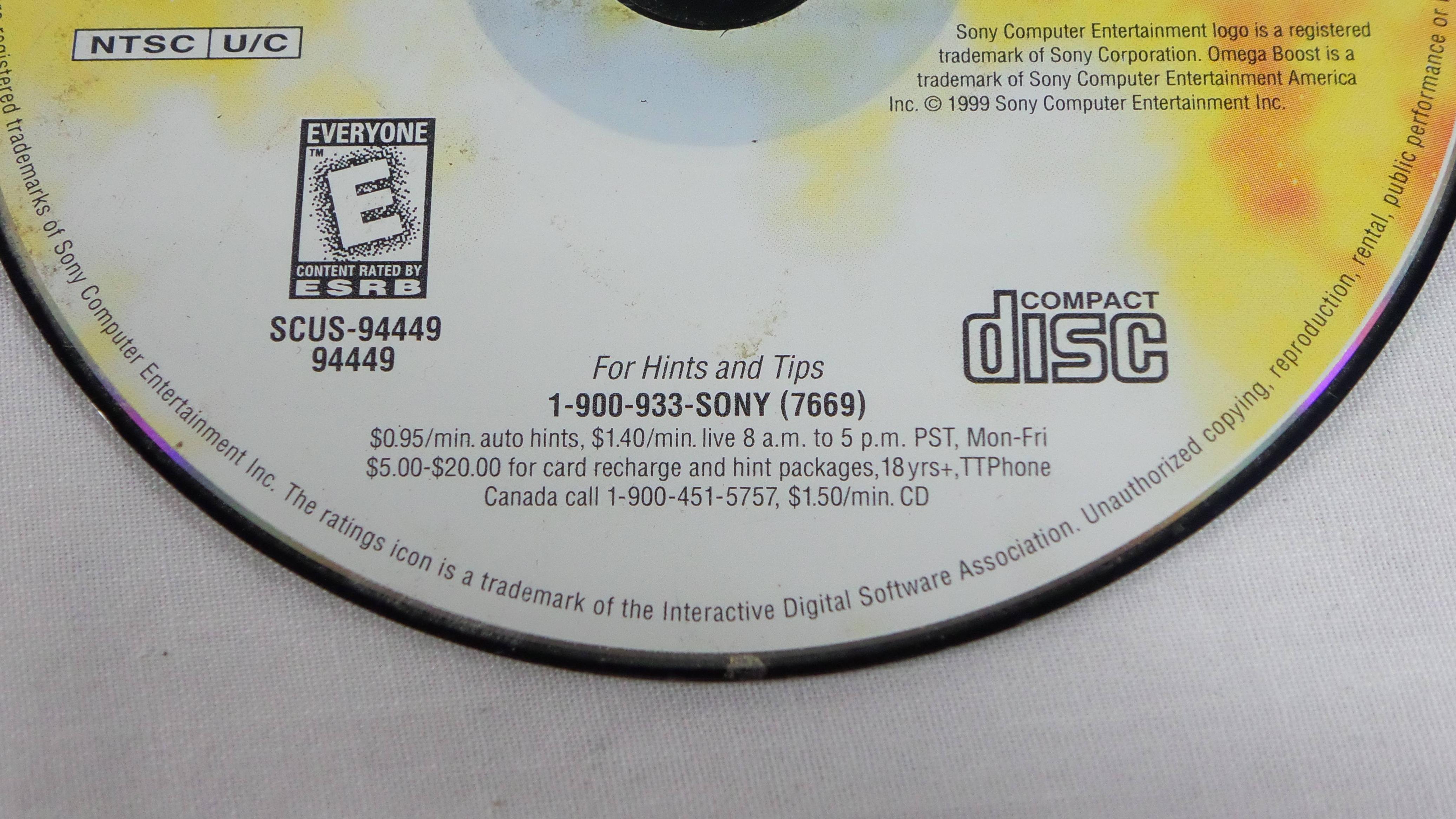 compact disc - Ntsc UC Sony Computer Entertainment logo is a registered trademark of Sony Corporation Omega Boost is a trademark of Sony Computer Entertainment America Inc 1999 Sony Computer Entertainment Inca Everyone tered trademarks of ental public per