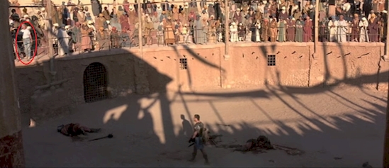 If you look into the crowd you will clearly see one guy who didn’t get to the costume store in time while shooting "Gladiator".