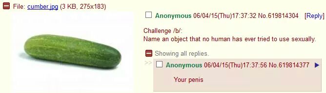meme stream - cucumber - File cumber.jpg 3 Kb, 275x183 Anonymous 060415Thu32 No.619814304 Challenge b Name an object that no human has ever tried to use sexually. Showing all replies. | Anonymous 060416Thu56 No.619814377. Your penis