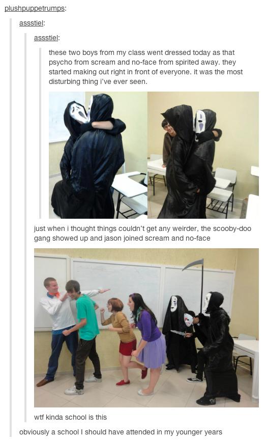 meme stream - scooby doo funny tumblr posts - plushpuppetrumps assstiel assstiel these two boys from my class went dressed today as that psycho from scream and noface from spirited away. they started making out right in front of everyone. it was the most 