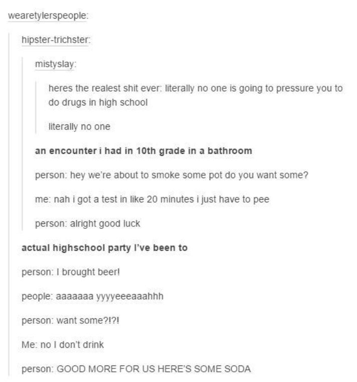 meme stream - peer pressure tumblr post - wearetylerspeople hipstertrichster mistyslay heres the realest shit ever literally no one is going to pressure you to do drugs in high school literally no one an encounter i had in 10th grade in a bathroom person 