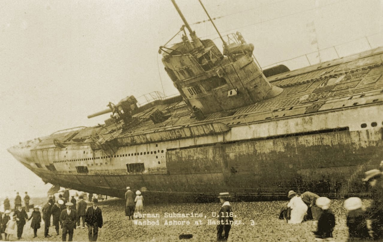 U-118, a World War One submarine washed ashore on the beach at Hastings, England.