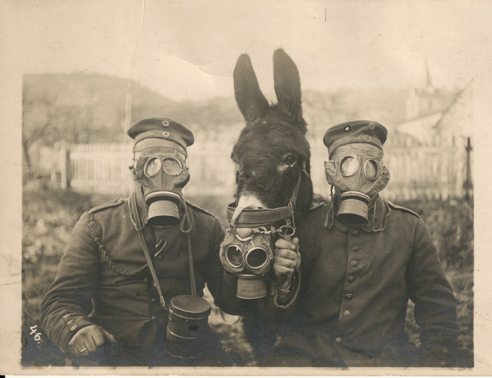 Two German soldiers and their mule wearing gas masks in WWI, 1916.