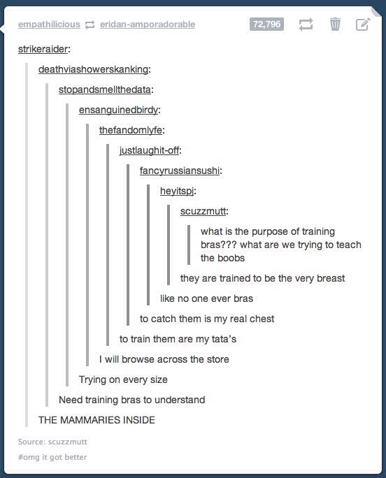 tickle - empathilicious eridanamporadorable 72,796 T L strikeraider deathviashowerskanking stopandsmellthedata ensanguinedbirdy thefandomlyfe justlaughitoff fancyrussiansushi heyitspi scuzzmutt what is the purpose of training bras??? what are we trying to